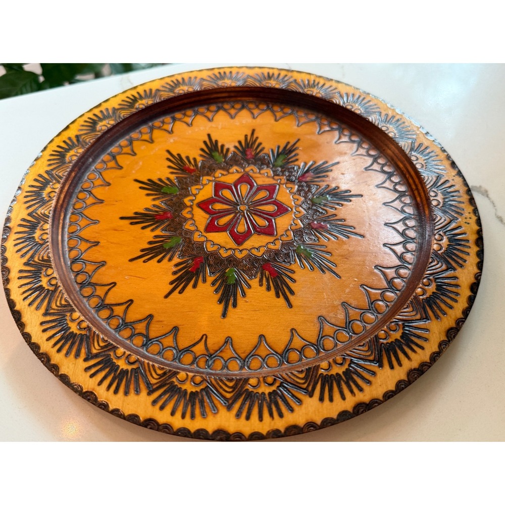 Vintage Polish Folk Art Hand Carved Painted Wood Pyrography Wall Plate 9.5"
